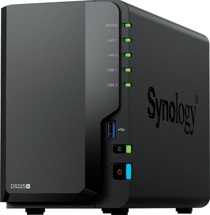 NAS Synology DS225+, 2-bay 3.5\" SATA HDD/SSD, Intel Celeron J4125, 2GB DDR4 (deri 6GB), 1GbE + 2.5GbE, 2x USB 3.2 Gen 1, i zi
