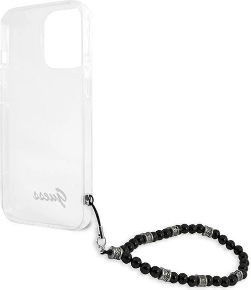 Mbështjellës Guess GUHCP13LKPSBK për iPhone 13/13 Pro 6.1", transparent me varëse perlë, Black Pearl