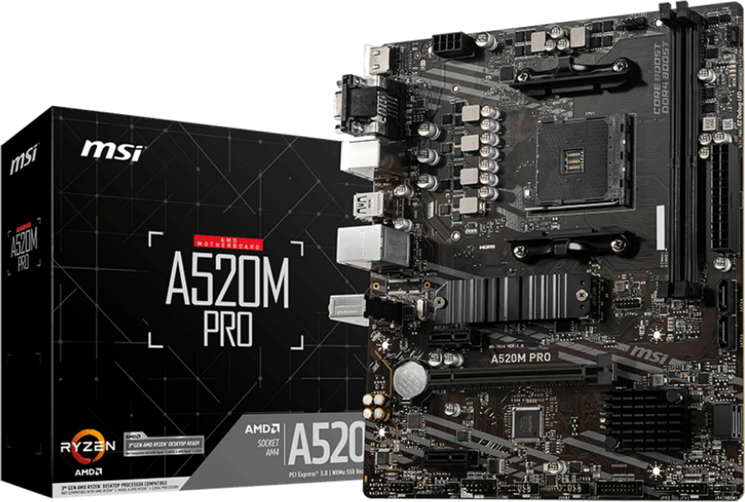 Pllakë amë MSI A520M PRO, AMD, Socket AM4, DDR4-SDRAM, 64 GB, micro ATX
