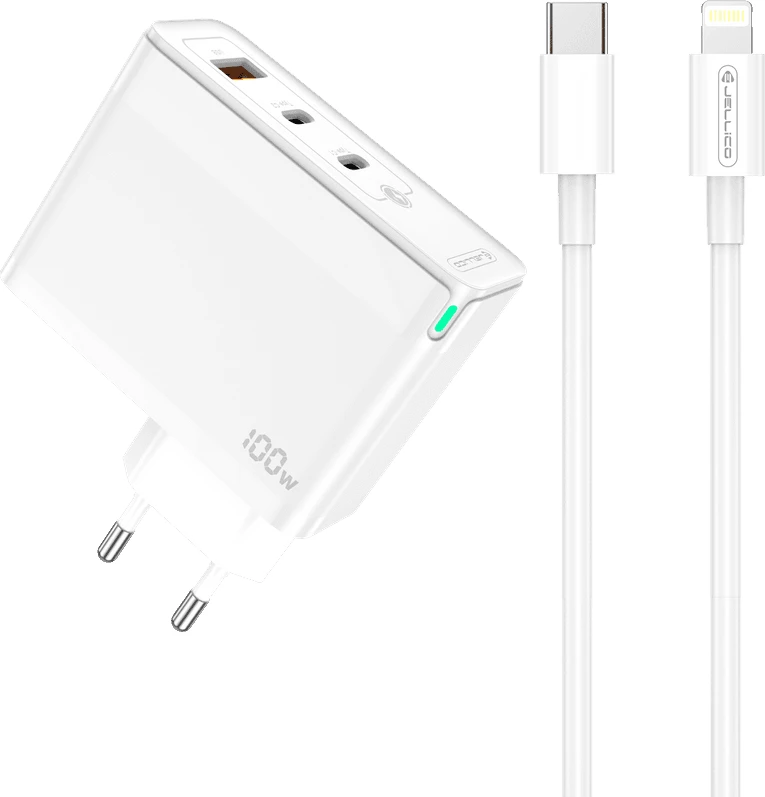 Karikues shtëpie Jellico C118 100W GaN, 1x USB-A 22.5W + 2x USB-C (65W + 35W), me kabllo Type-C në Lightning, i bardhë, EU blister
