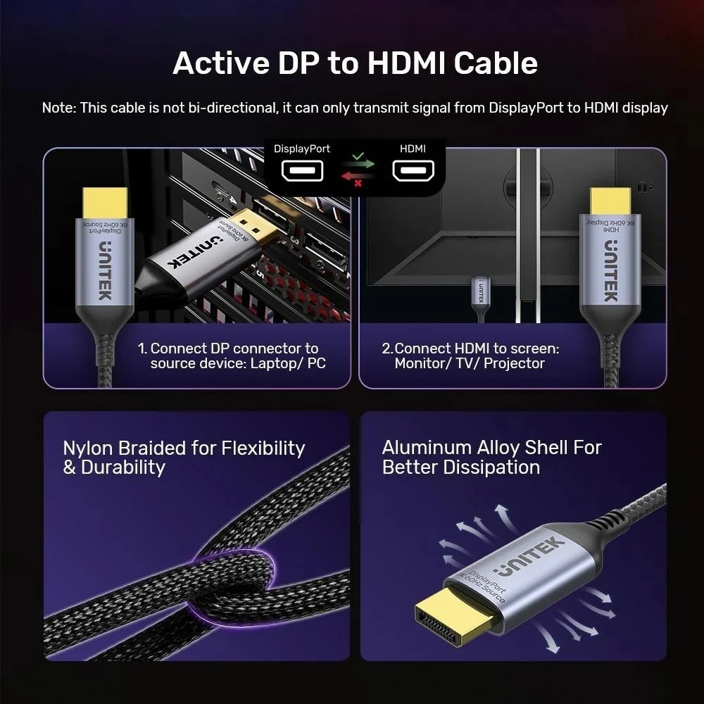 Kabllo UNITEK DisplayPort 1.4 në HDMI 2.1, 1.8M, E zezë