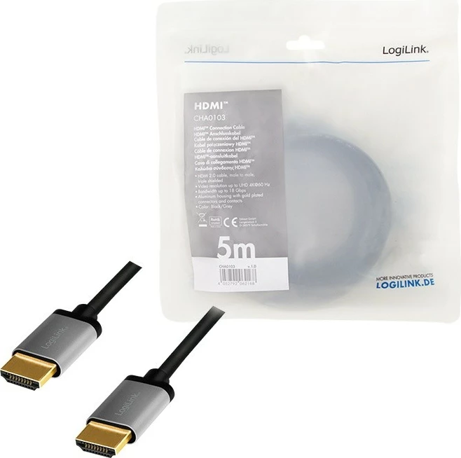 Kabllo HDMI LogiLink CHA0103, 5m, 4K/60Hz, Alumini, e zezë