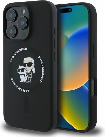 Mbështjellës MagSafe silikon, Karl Lagerfeld, Silicone Karl & Choupette Heads Ring, për iPhone 16 Pro, e zezë