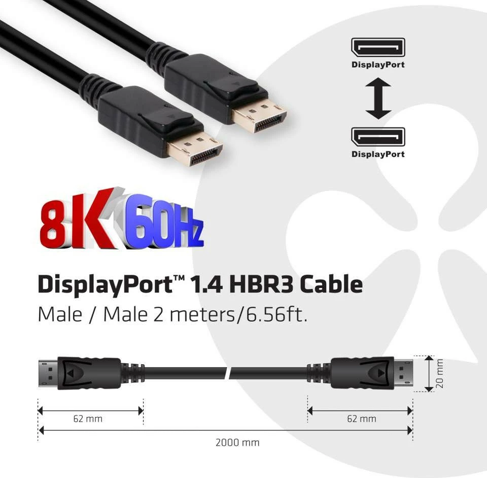 Kabllo DisplayPort Club3D 1.4 HBR3 2m 8K60Hz, e zezë