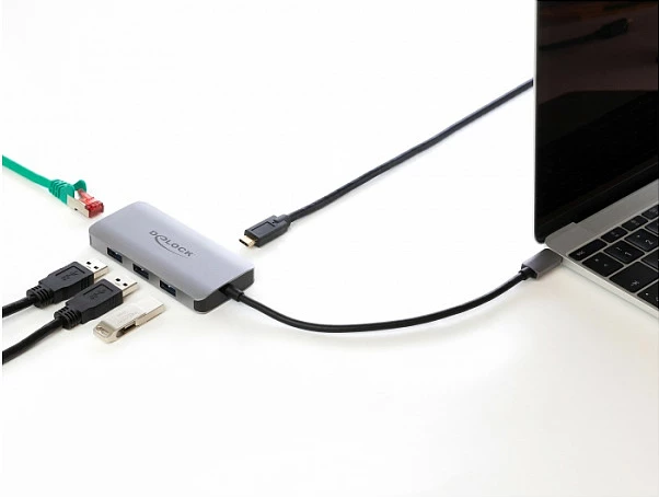Hub USB DeLOCK USB 3.2 Gen 1 Type-C, 4 porta, Gigabit LAN, PD 100W, gri