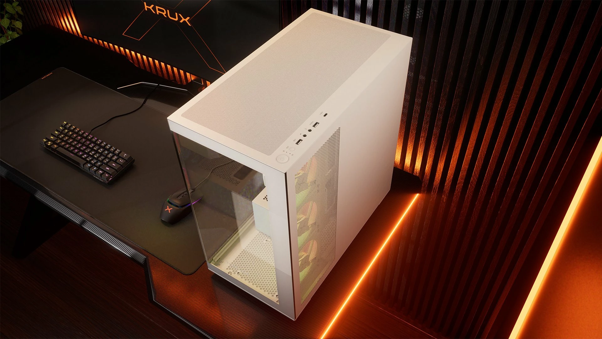 Kasë Krux Exo RGB KRXD009 Midi Tower, ATX/mATX/Mini-ITX, x4 120mm ARGB fan, x2 USB 3.0 + USB-C, e bardhë