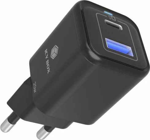 Karikues ICYBOX IB-PS1020-PD 20W, USB-C PD + USB-A, i zi, set 1 copë