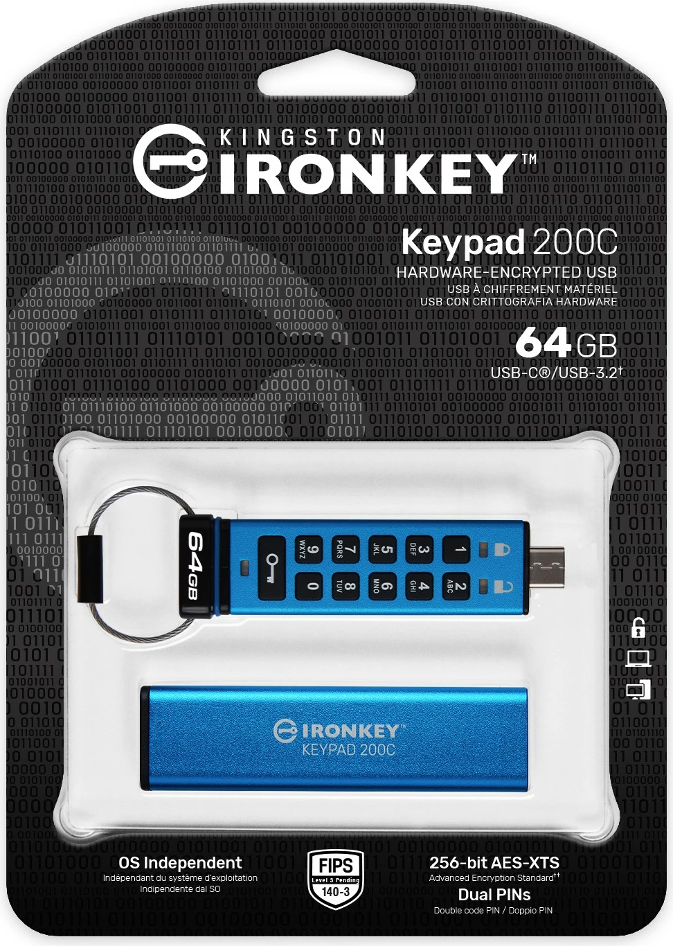 USB stick Kingston IronKey Keypad 200C 64GB, USB-C, blu