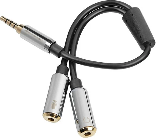Adapter kabllo Sharkoon 2x 3.5mm (mikrofon + kufje) në 1x 3.5mm 4-pin, 12cm, zi/argjend