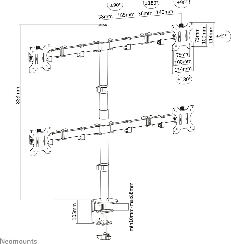Krah monitori Neomounts FPMA-D550D4BLACK, për 4 ekrane, 13-32", rregullim lartësie, ngjyrë e zezë