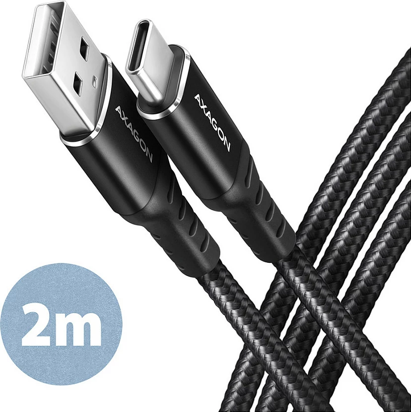 Kabl USB-C në USB-A Axagon BUCM-AM20AB, 2 m, USB 2.0, 3A, i thurur, i zi