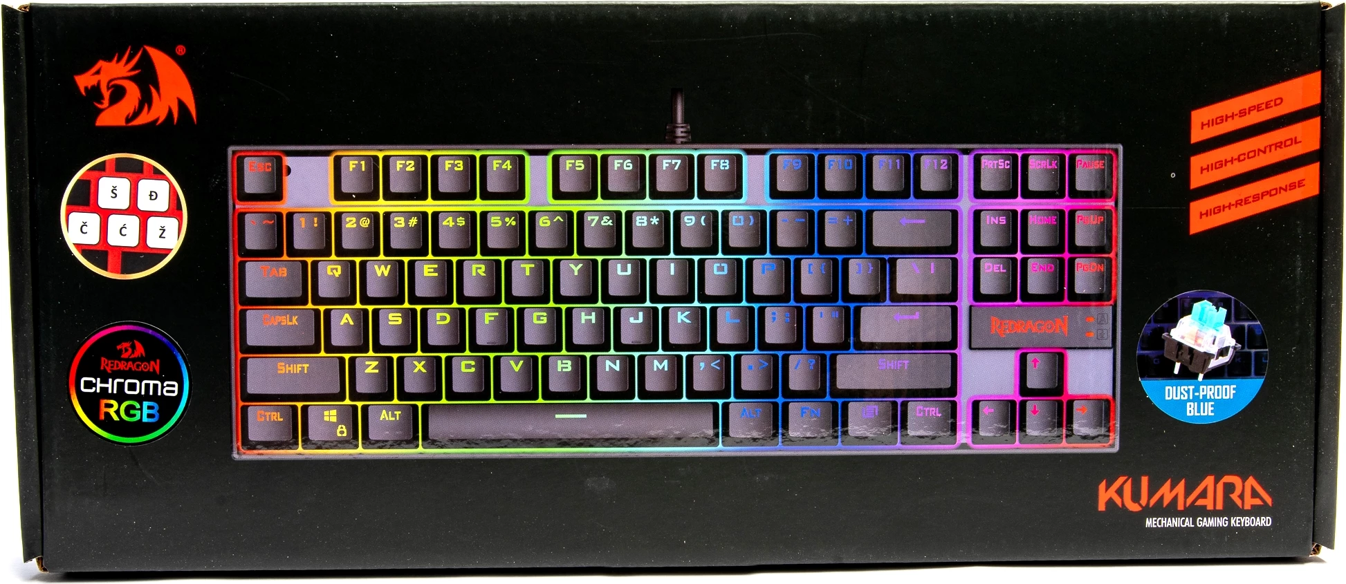 Tastierë mekanike Redragon Kumara K552RGB-1, RGB, wired USB, 87 taste (TKL), Blue Switch, layout SLO/CRO, e zezë