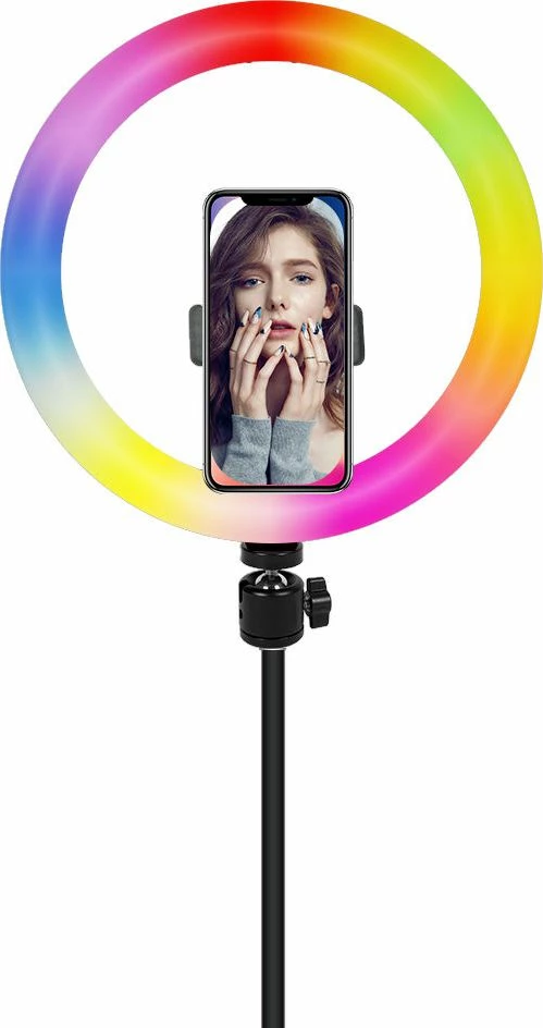 Ring light LED Mozos MLM-RING-RGB 26 cm, RGB, 10W, USB, me tripod dhe mbajtës telefoni, e zezë, set