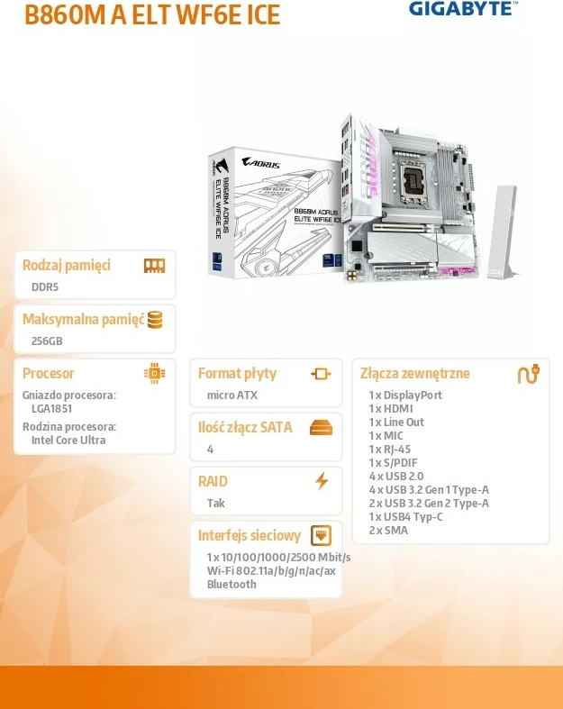 Pllakë amë Gigabyte B860M A ELT WF6E ICE, LGA1851, DDR5, Wi-Fi 6E, Bardhë