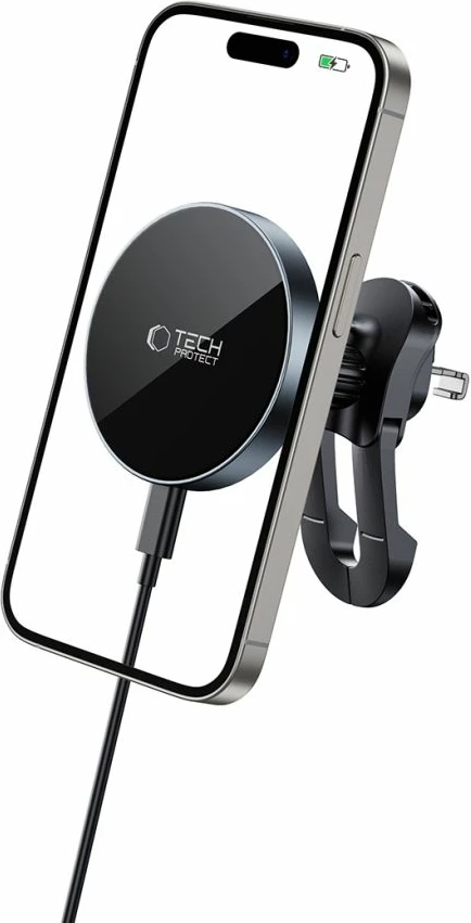 Mbajtës telefoni për veturë Tech-Protect MM15W-V5, MagSafe magnetik, karikim wireless 15W, montim në grilë ventilimi, i zi, set me kabllo USB-C dhe 2 pllaka MagSafe