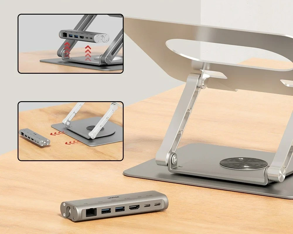 Mbajtëse laptopi UNITEK D1109B01, e rregullueshme, me hub USB-C HDMI, Alumini