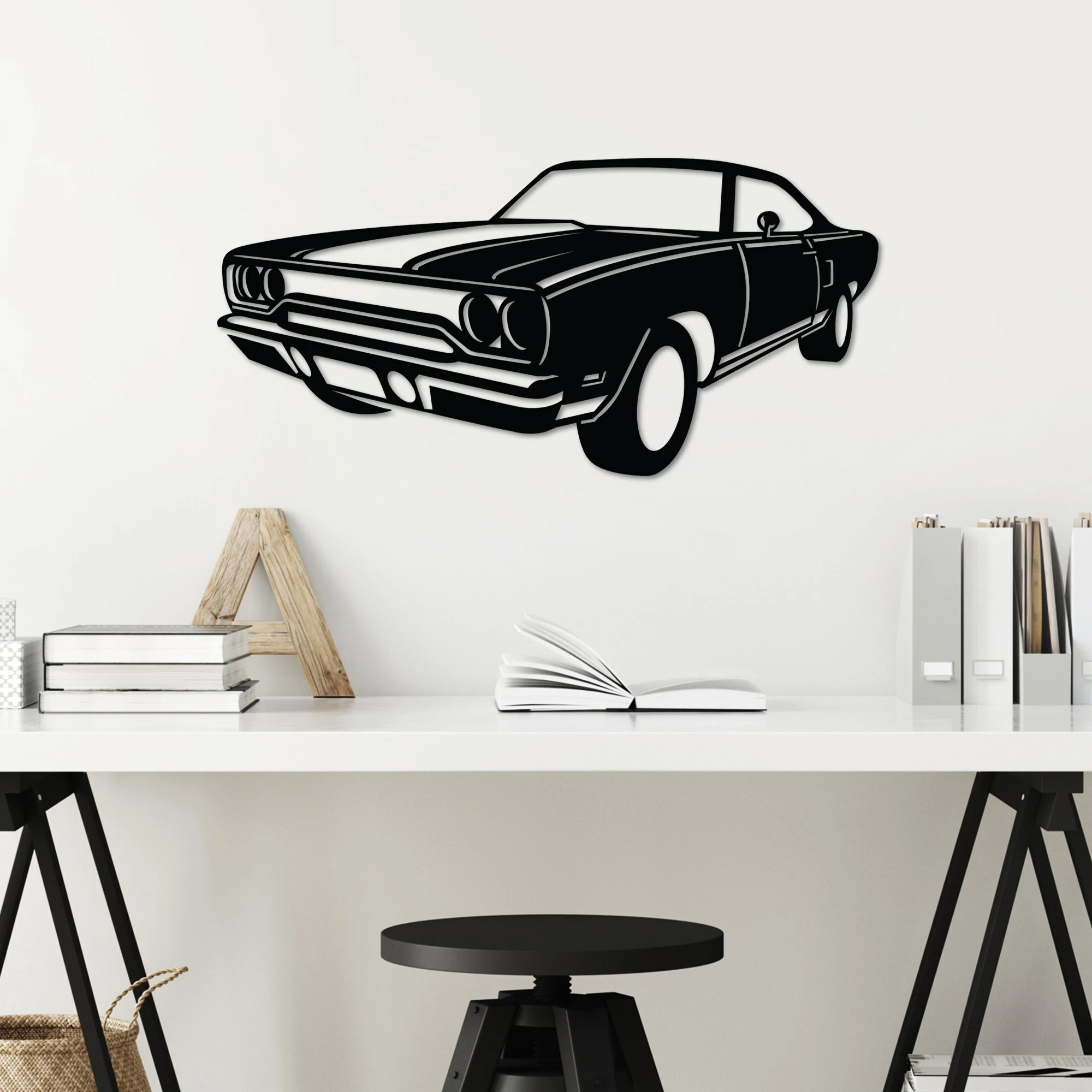 Aksesor dekorativ metalik për mur, Wallity, Plymouth GTX, ngjyrë e zezë, 60x30cm