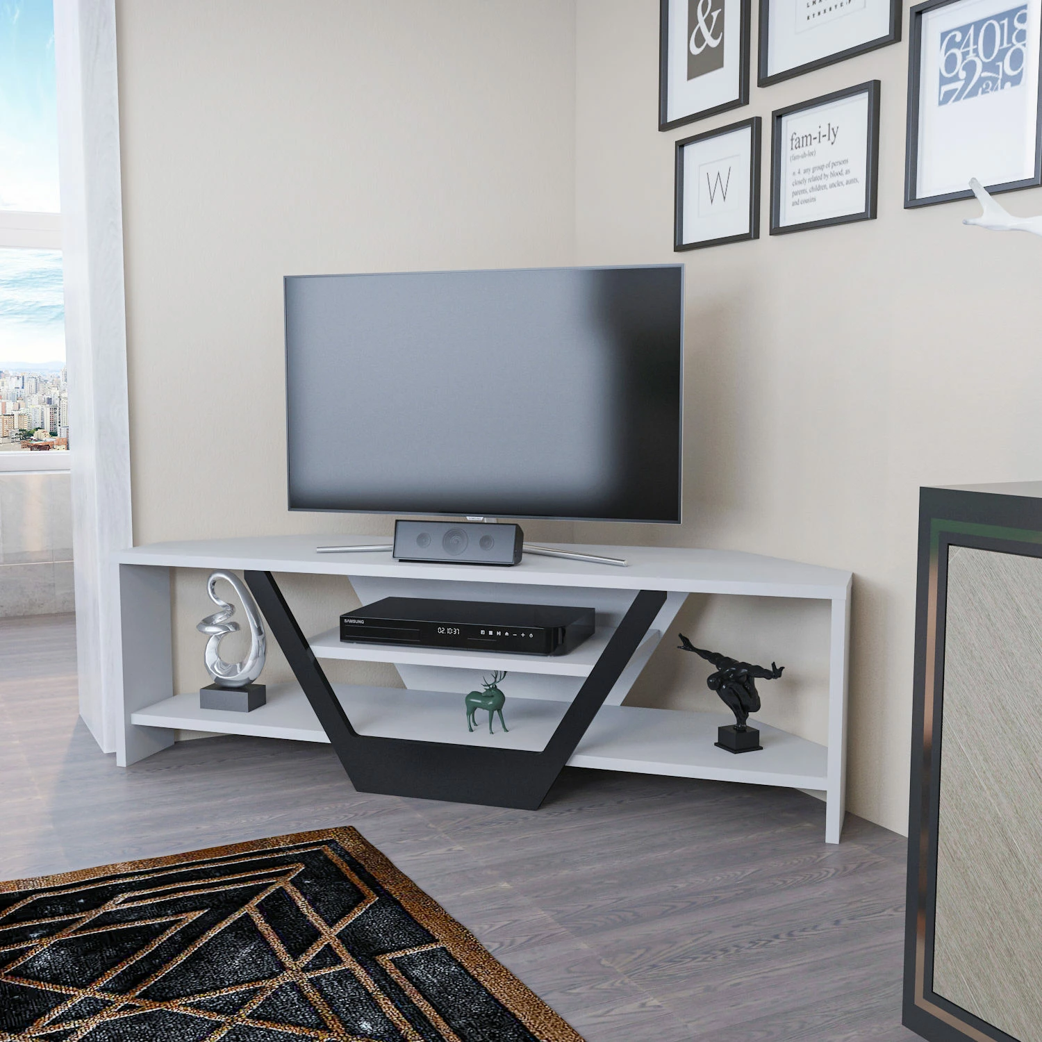 Komodë TV Hanah Home, Sares, e bardhë dhe e zezë
