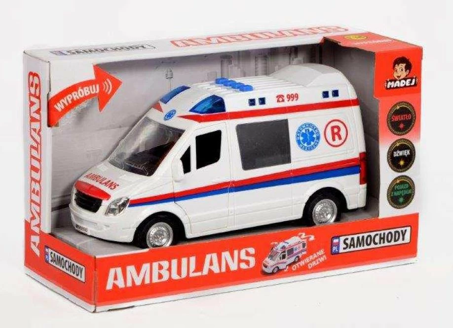 Ambulancë lodër Madej 075008, me drita dhe zë, plastikë, bardhë/kuqe/blu