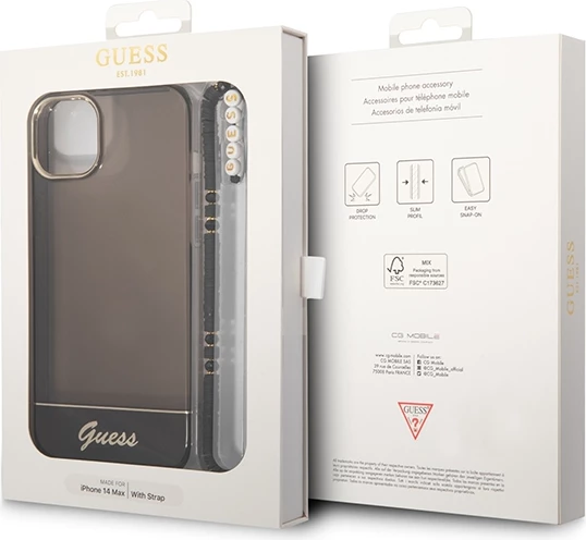 Mbështjellës Guess GUHCP14SHGCOHK për iPhone 14 6.1", me rrip perlë, i zi