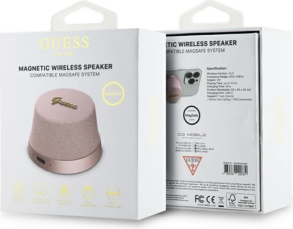 Altoparlant Bluetooth Guess Magnetic Script Metal, MagSafe, 1200mAh, Rozë