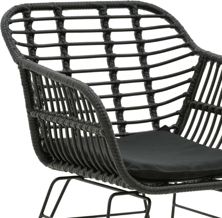 Karrige për kopsht Naoki me jastëk pe, këmbë metalike të zeza, 55x58x79cm