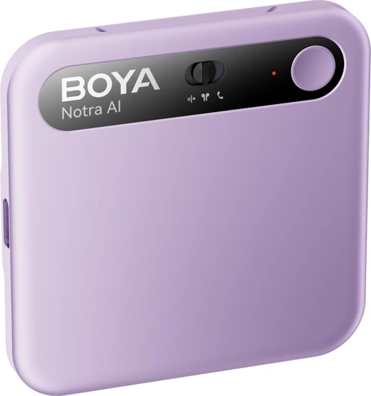 Regjistrues zëri BOYA Notra AI 64GB, transkriptim AI, Bluetooth/USB-C/Wi‑Fi, 24h, kompatibil me MagSafe, vjollcë, set me kabllo USB-C, adapter USB-A dhe unazë magnetike