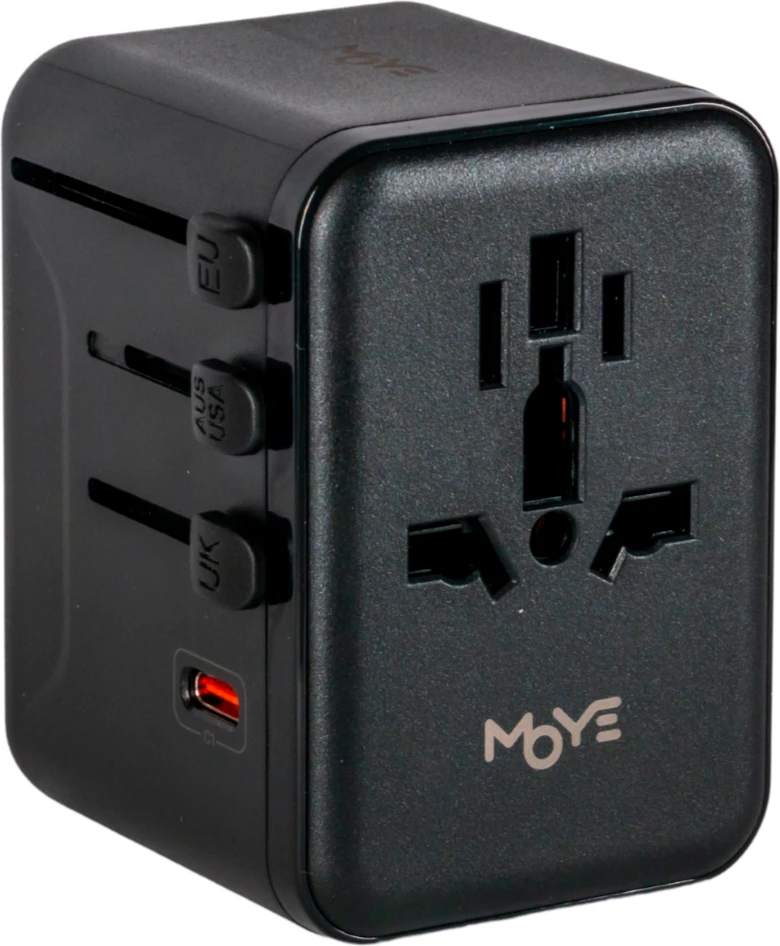 Adapter universal udhëtimi Moye Nomad Go GaN 35W PD, 3x USB-C + 2x USB-A, EU/UK/US/AU, i zi