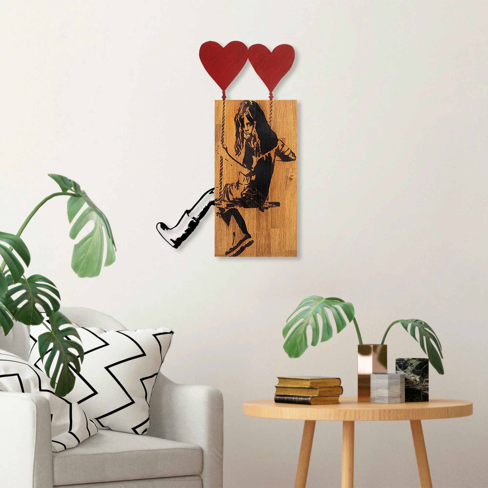 Aksesor dekorativ prej druri për mur, Wallity Banksy, ngjyrë arre dhe e zezë, 50x80cm
