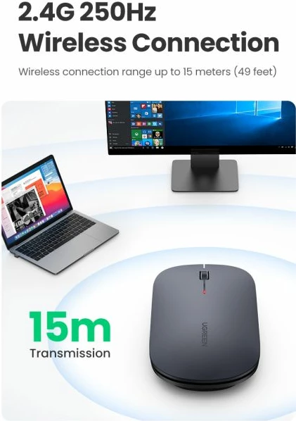 Maus UGREEN 90373 wireless 2.4GHz silent, 4000 DPI, ultra i hollë, Light Gray, me USB receiver, box
