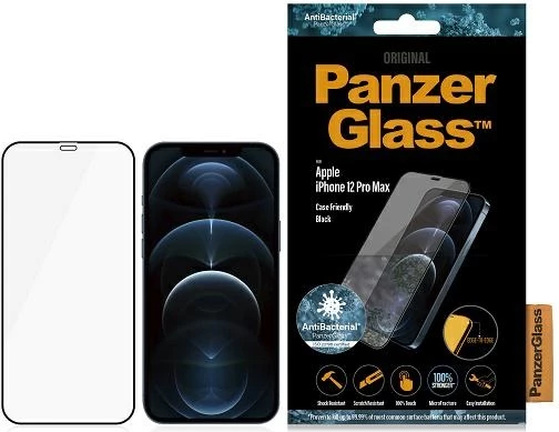 Xham mbrojtës PanzerGlass E2E Super+ Microfracture për iPhone 12 Pro Max, antibakterial, kornizë e zezë