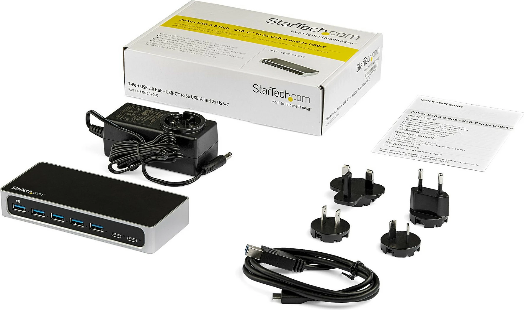 Hub USB-C StarTech HB30C5A2CSC, 7 porta (5x USB-A + 2x USB-C), USB 3.2 Gen 1 5Gbps, me adapter rryme, i zi/argjend