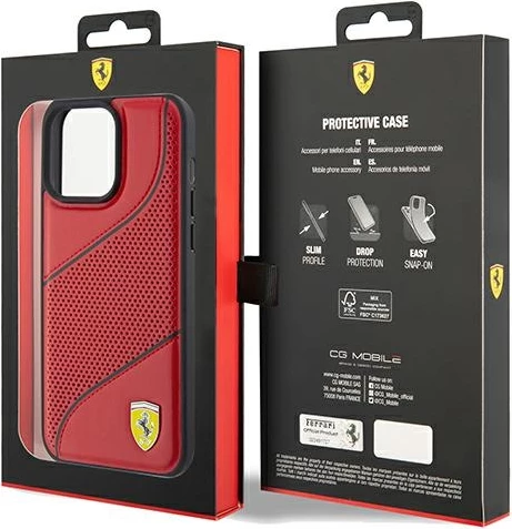 Mbështjellës Ferrari Perforated Waves Metal Logo për iPhone 15 Pro, e kuqe