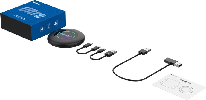 Adapter wireless CarPlay/Android Auto Carlinkit TBOX Ultra 2 (CPC200-TBOX Ultra 2) 8GB RAM 128GB ROM Android 15, e zezë, set me kabllo