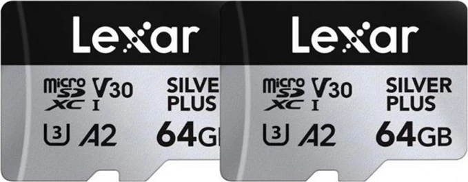 Kartelë memorje microSDXC Lexar Silver Plus LMSSIPL064G-B2ANG 2x64GB UHS-I A2 V30, set 2 copë + adapter SD