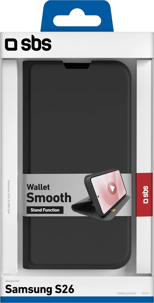 Mbështjellës me kapak SBS Wallet Smooth për Samsung Galaxy S26, me xhep karte, stand, mbyllje magnetike, e zezë, në kuti