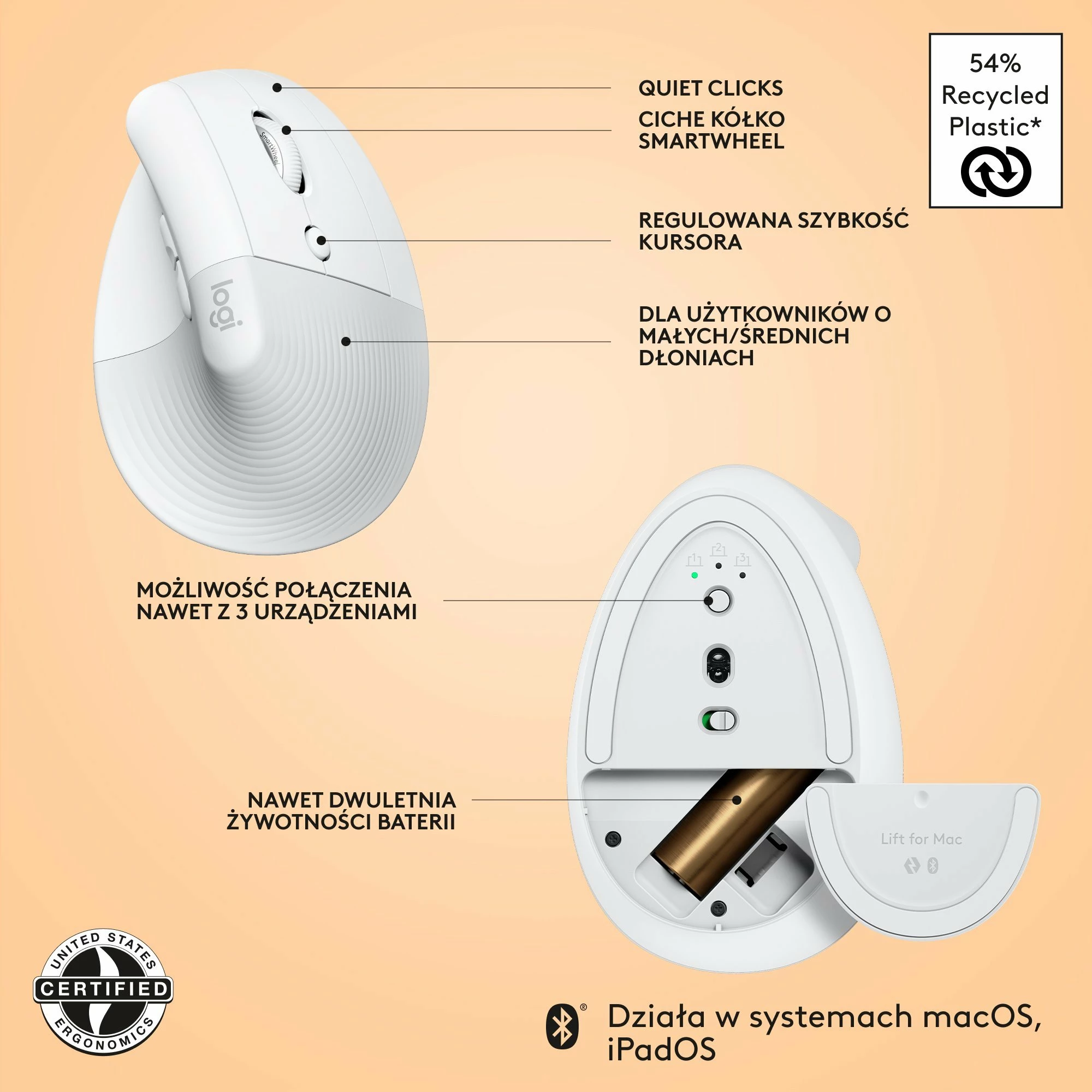 Maus Logitech Lift për Mac 910-006477 vertikal ergonomik wireless 4000 DPI Bluetooth/USB, i bardhë