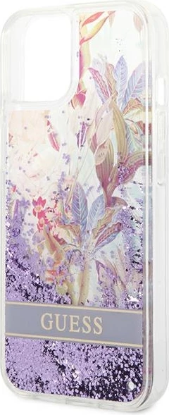 Mbështjellës Guess GUHCP14MLFLSU për iPhone 14 Plus, Flower Liquid Glitter, vjollcë