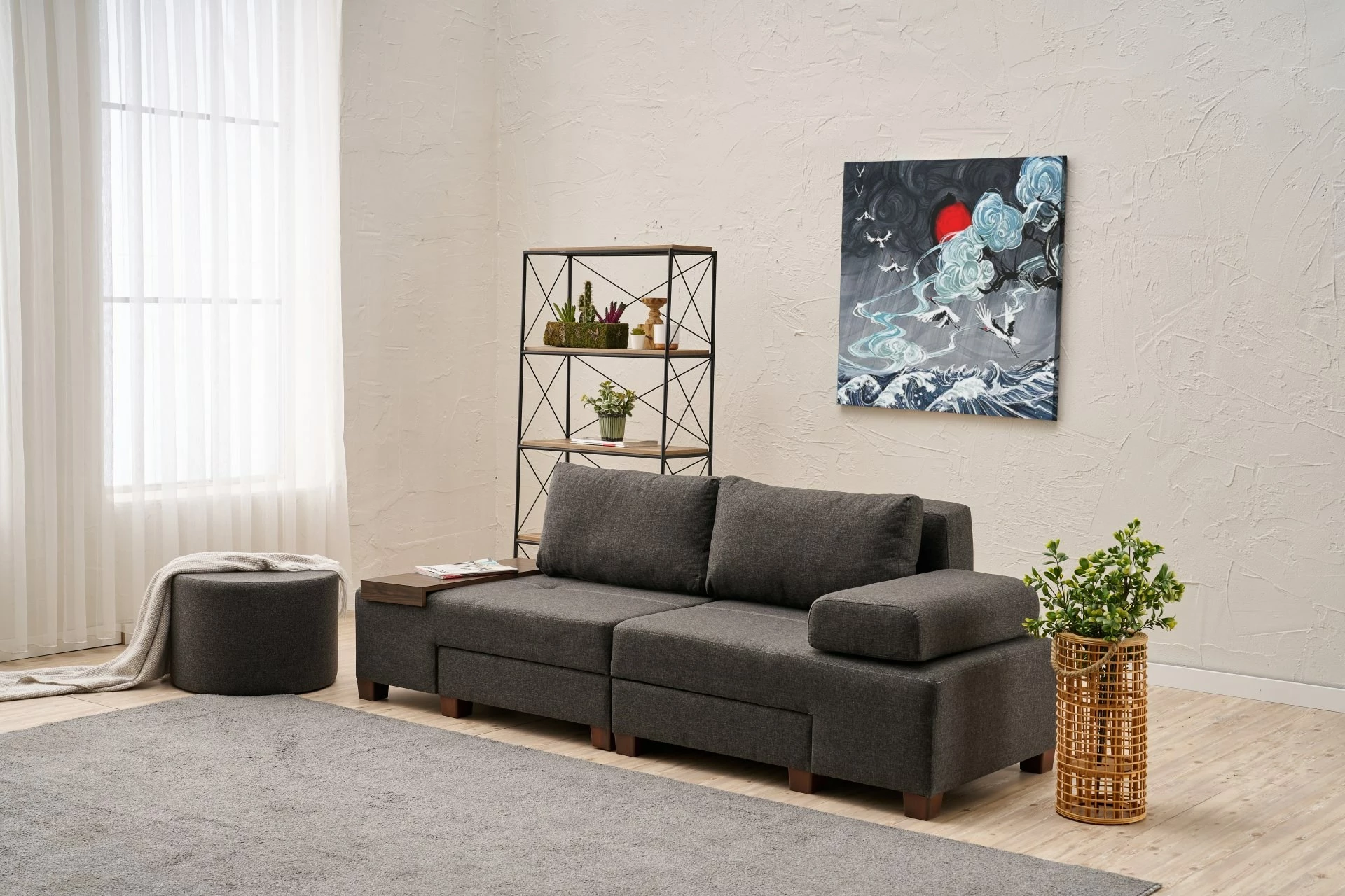 Krevat-sofa treshe, pëlhurë lino, ngjyrë antracit, Perenna