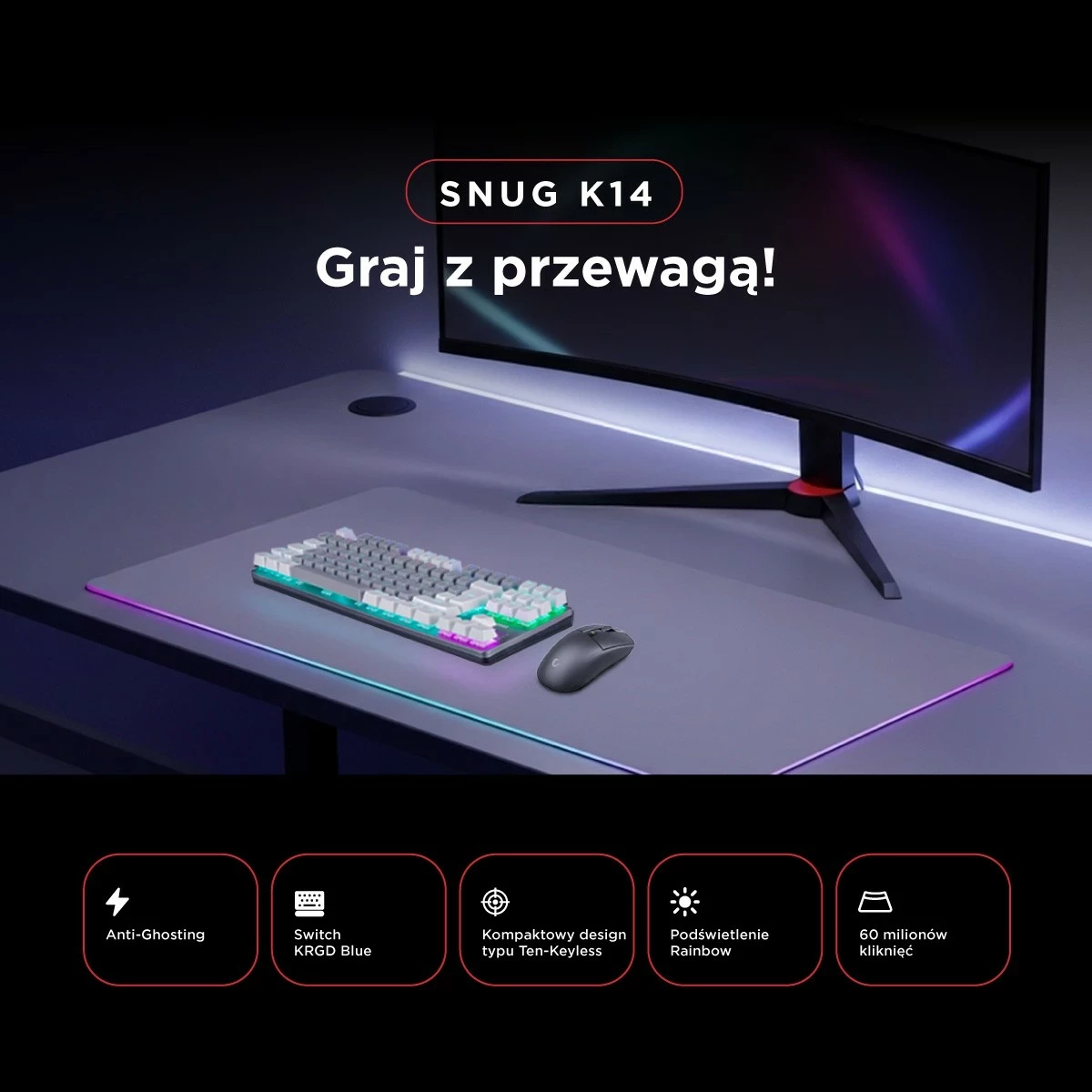 Tastierë mekanike Rampage Snug RGB KRGD Blue, 80%, anglisht, bardhë-gri