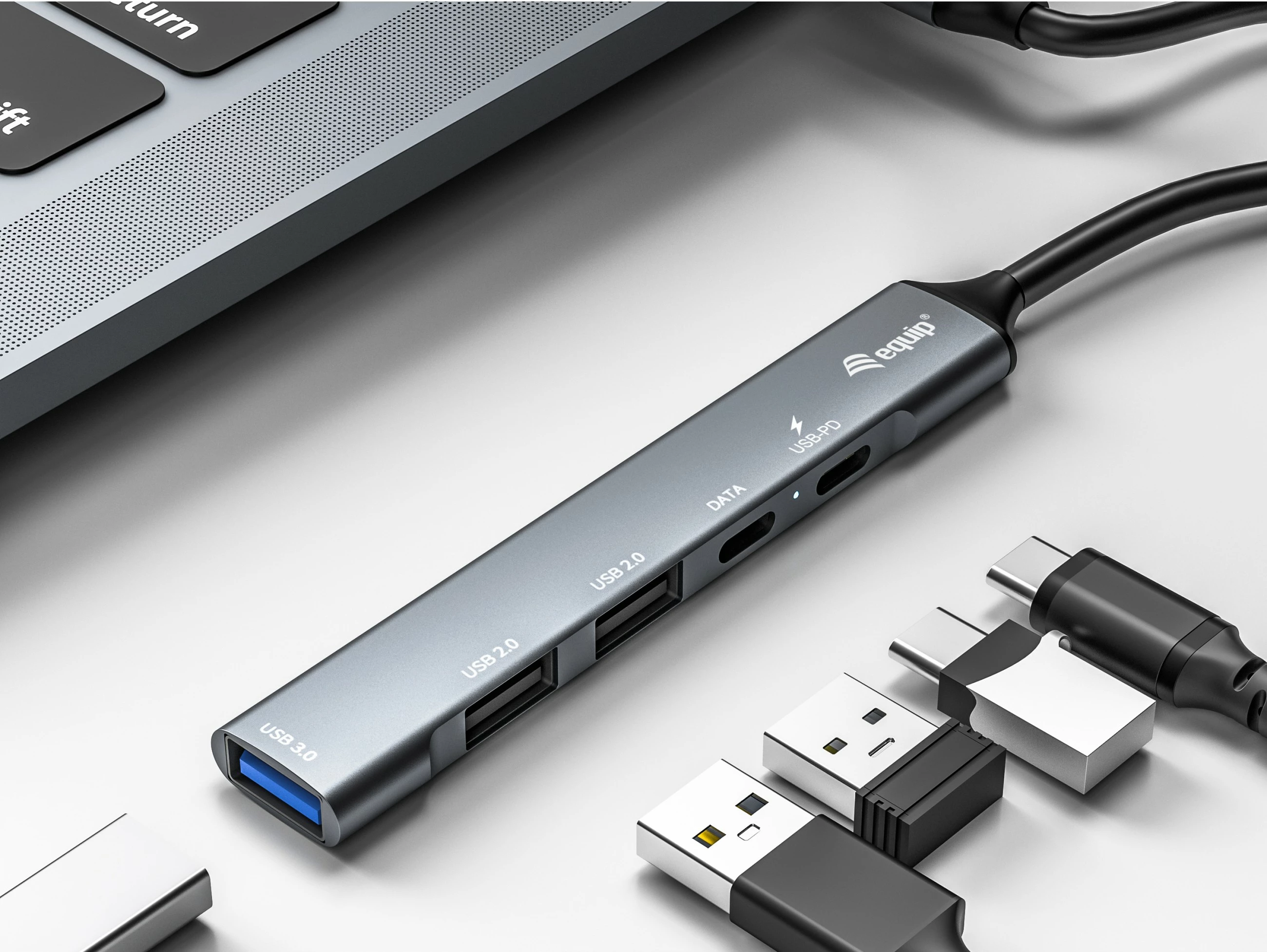 USB hub Equip 5 porta, USB 3.2 Gen 1/2.0, USB-C PD 100W, alumini, argjendtë