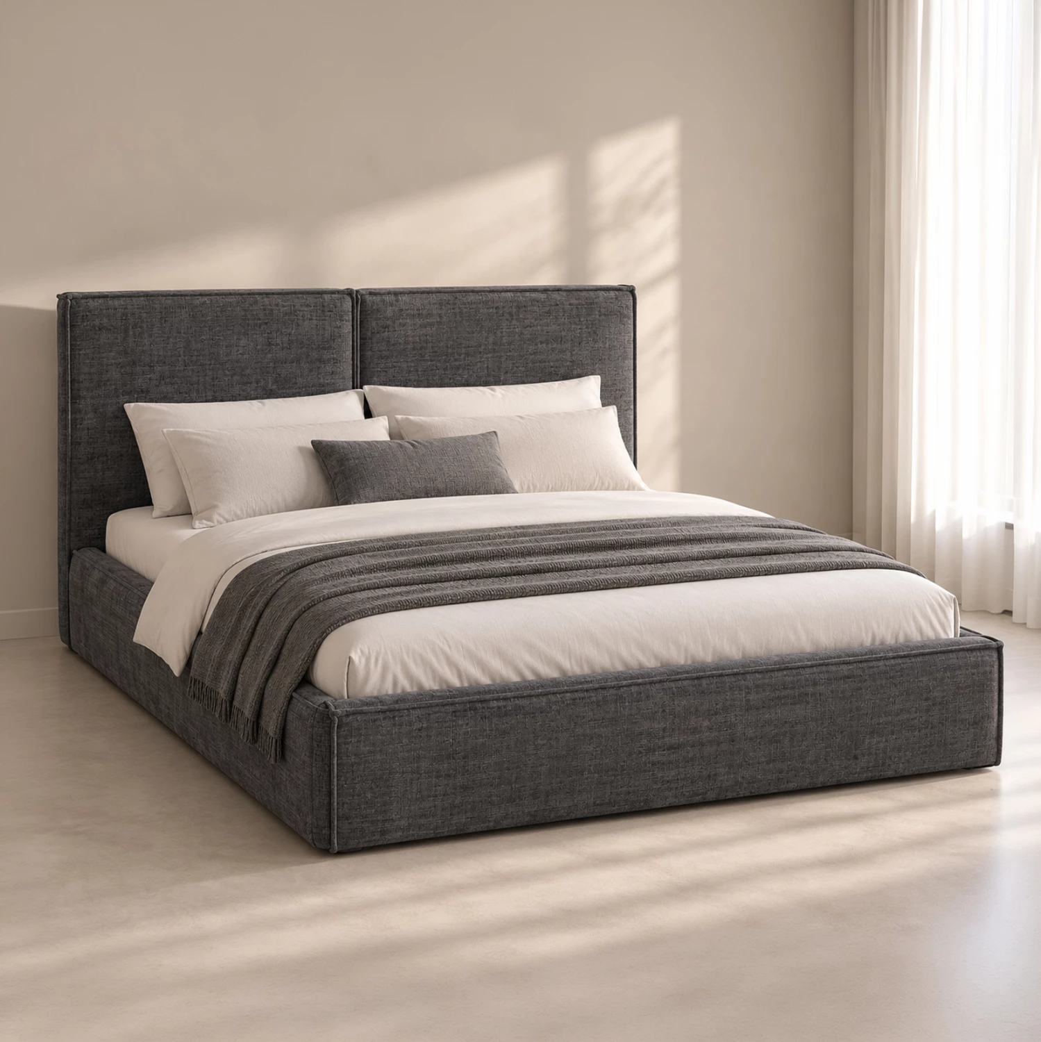 Krevat dopio me hapsirë magazinimi Sonder FH764.01, pëlhurë gri, për dyshek 160x200cm