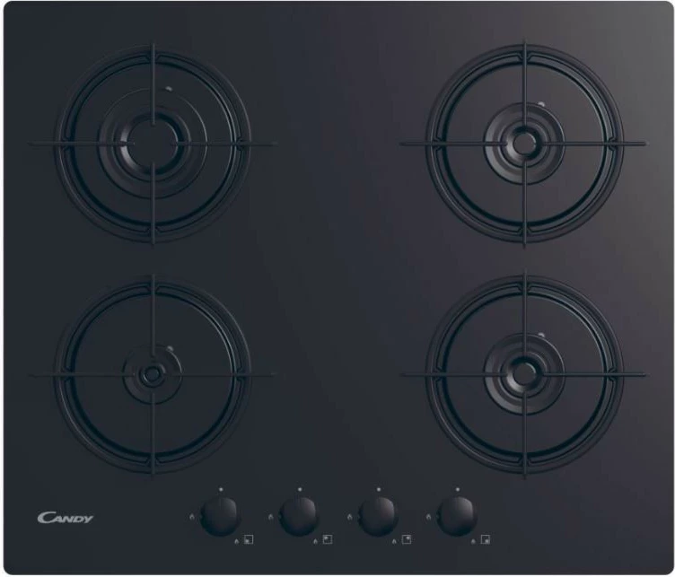 Pianurë gazi në xham, Candy, CVW6BB 33802720, 4 zona, 60 cm, kontroll me butona, 7.2 kW, e zezë