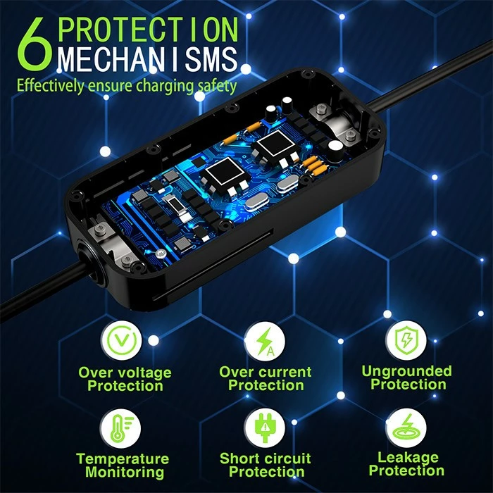 Karikues portativ për vetura elektrike Qoltec 52477, Type 2, 7kW, 5m, WiFi, i zi/gjelbër