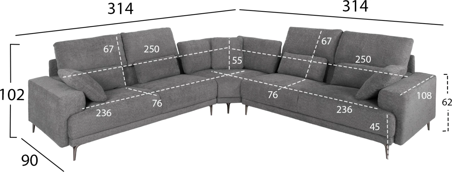 Divan qoshe SYMMET FH3269.03, pëlhurë gri, këmbë antracit me shkëlqim, 314x236x90-102H cm