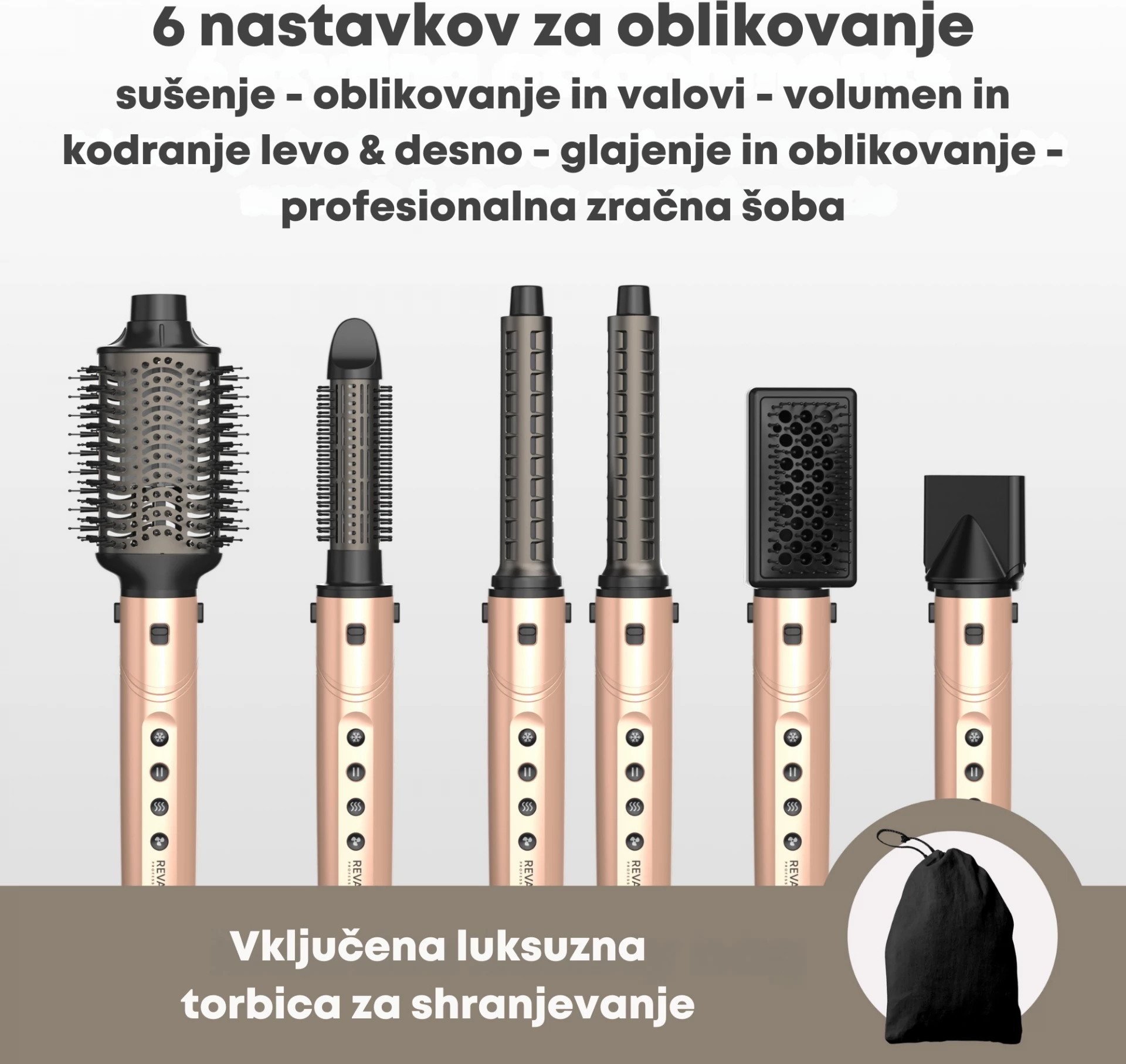 Tharëse flokësh me stilues Revamp Dynamic Radiance Pro DR-2850GD, 6 aksesorë, jonike, 110000 RPM, rozë e artë, set