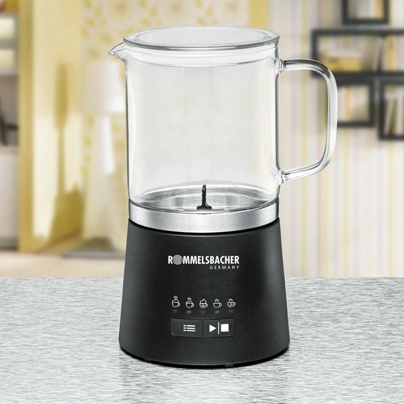 Shkumues qumështi elektrik, Rommelsbacher MS 625, 500 ml, kanaçe qelqi e heqshme, inox, e zezë