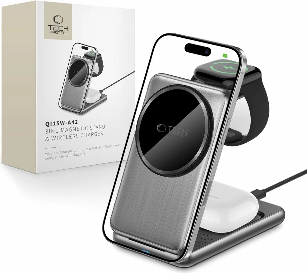 Karikues induktiv 3-në-1 Tech-Protect QI15W-A42 me MagSafe, Gri