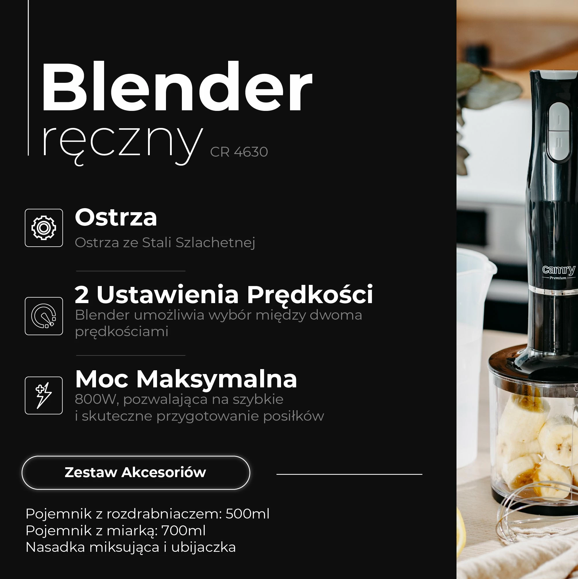 Blender dore Camry CR 4630, 800W, 2 shpejtësi, set me enë matëse 700 ml + grirës 500 ml + rrahëse, i zi
