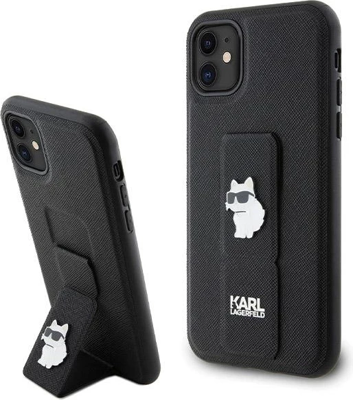 Mbështjellës Karl Lagerfeld Gripstand Saffiano Choupette Pins për iPhone 11/XR, i zi
